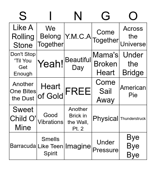 Music Bingo Card