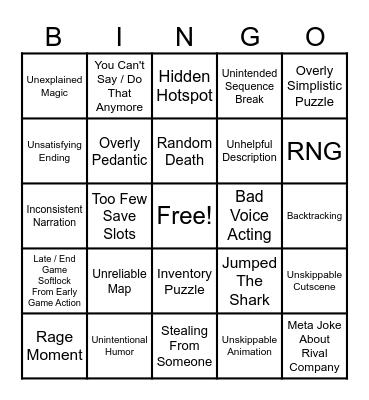 Adventure Game Bingo Card