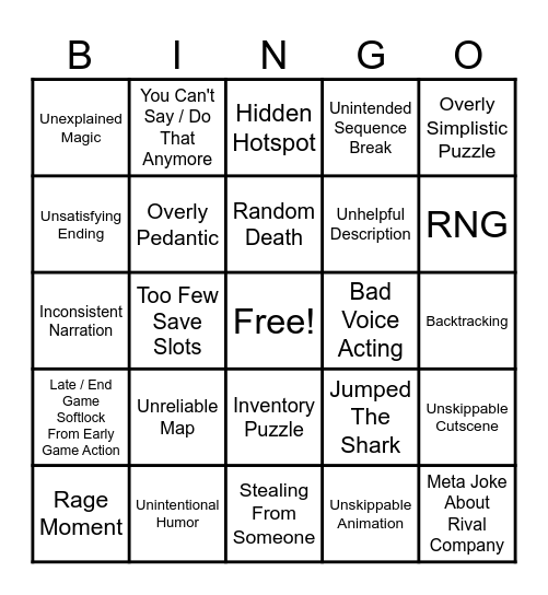 Adventure Game Bingo Card