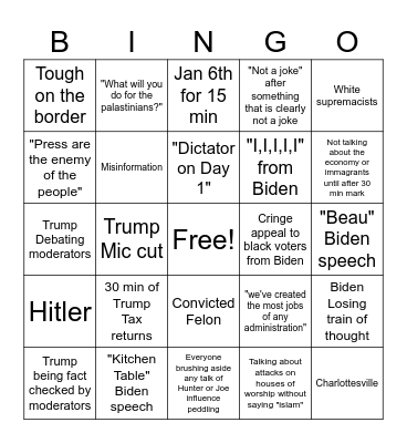 Trump Biden Debate Bingo Card