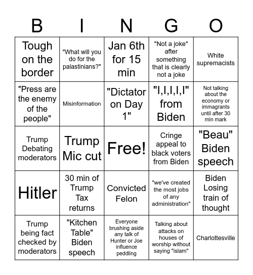 Trump Biden Debate Bingo Card