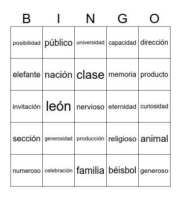 UBMS Spanish 1 - Cognates Bingo Card