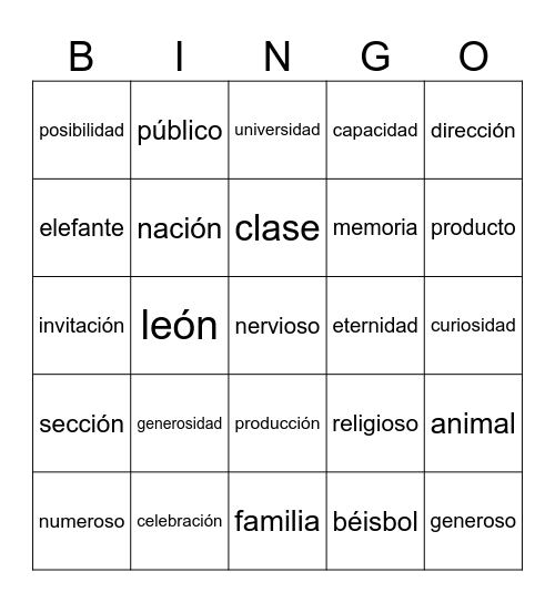 UBMS Spanish 1 - Cognates Bingo Card