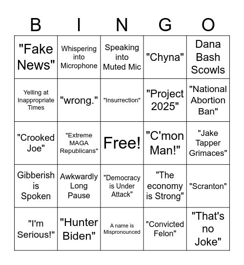 Presidential Debate Bingo Card