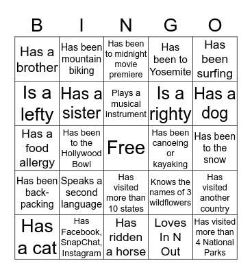 SAMO Youth BINGO Card