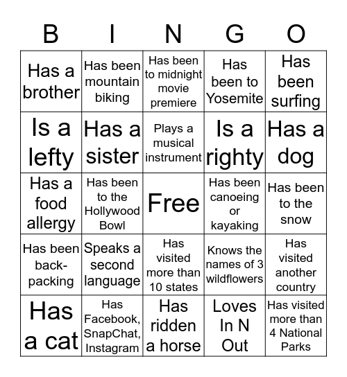 SAMO Youth BINGO Card