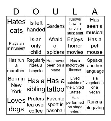 June 2016 Doula Project Ice Breaker Bingo Card