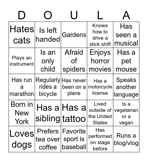 June 2016 Doula Project Ice Breaker Bingo Card