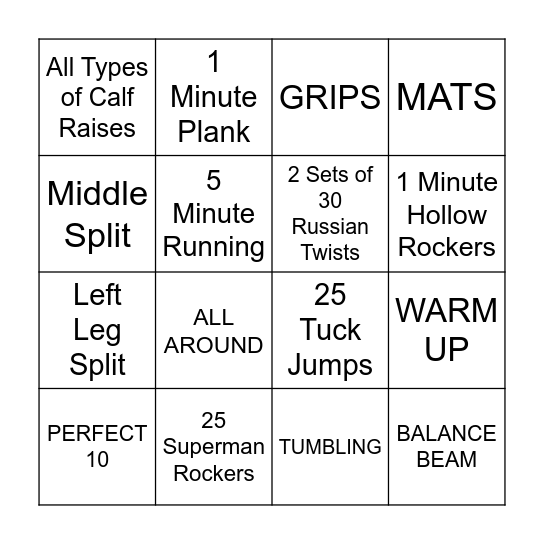 Conditioning Chart Bingo Card