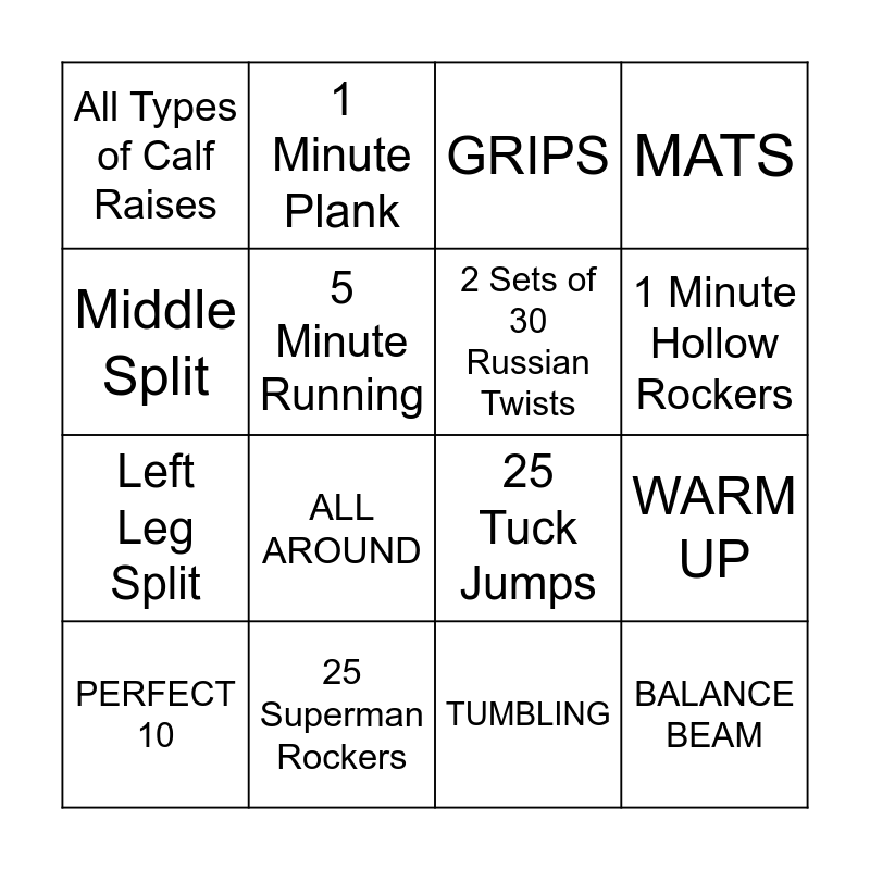 Conditioning Chart Bingo Card