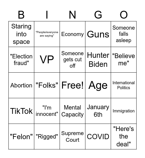 Presidential Debate Bingo Card