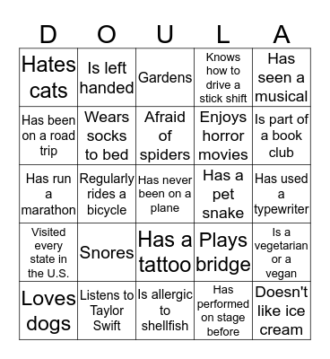 June 2016 Doula Project Ice Breaker Bingo Card