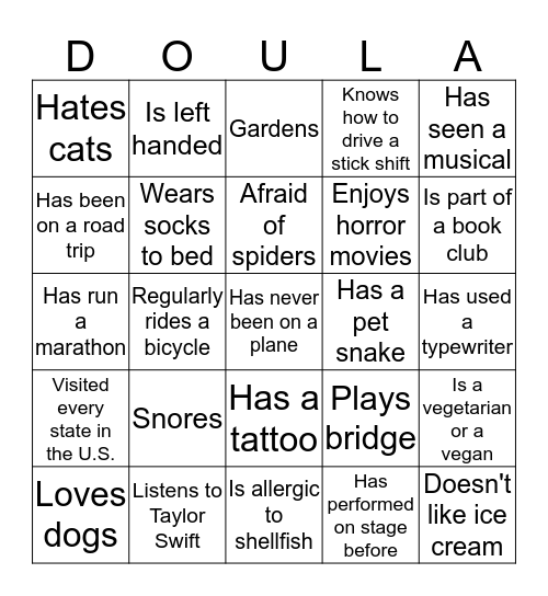 June 2016 Doula Project Ice Breaker Bingo Card