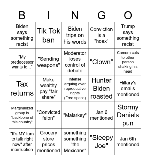 Thursday's Debate Bingo Card