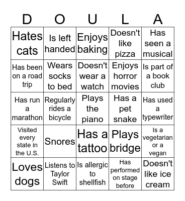 June 2016 Doula Project Ice Breaker Bingo Card