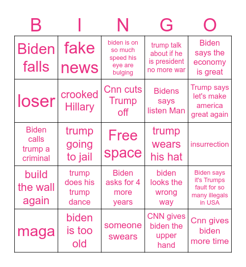 presidential debate bingo Card
