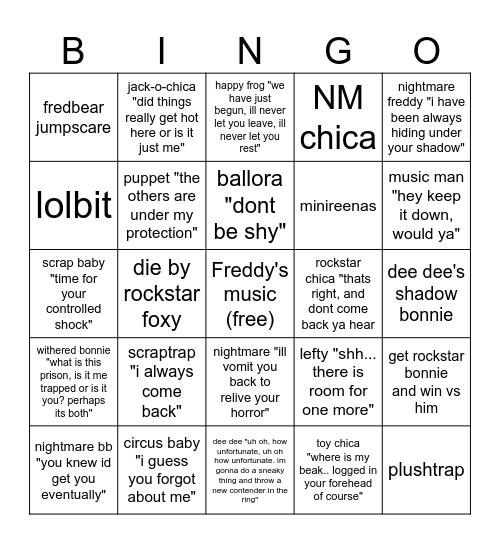 fnaf ucn Bingo Card