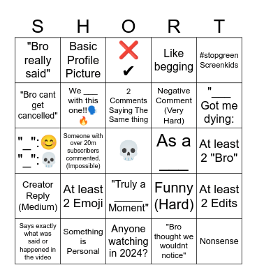 Yt Shorts Comments Bingo Card