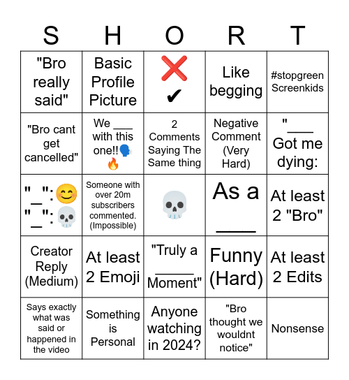Yt Shorts Comments Bingo Card