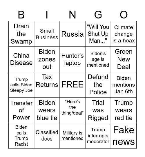 Debate Bingo 2024 Bingo Card