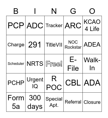 KCAO Intake Bingo Card