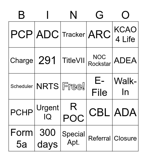 KCAO Intake Bingo Card