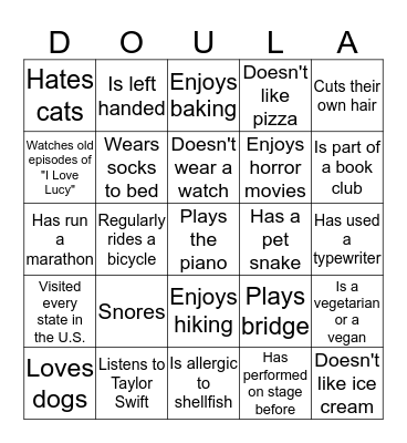 June 2016 Doula Project Ice Breaker Bingo Card