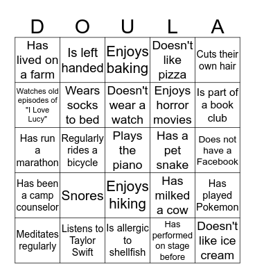 June 2016 Doula Project Ice Breaker Bingo Card