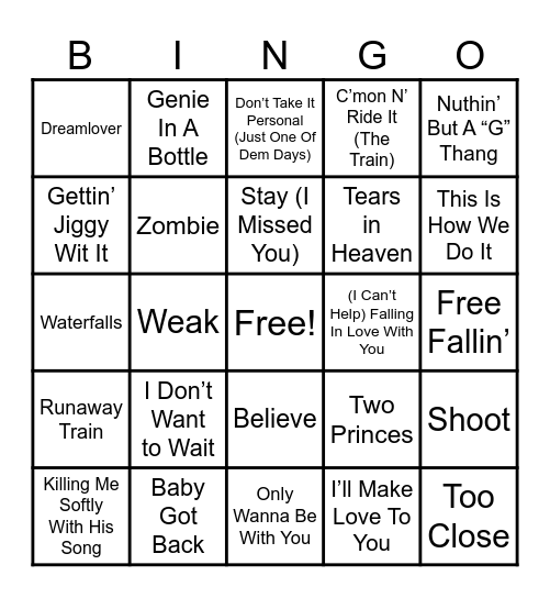 Piccadillys and Summit Events 90s Music Bingo Card