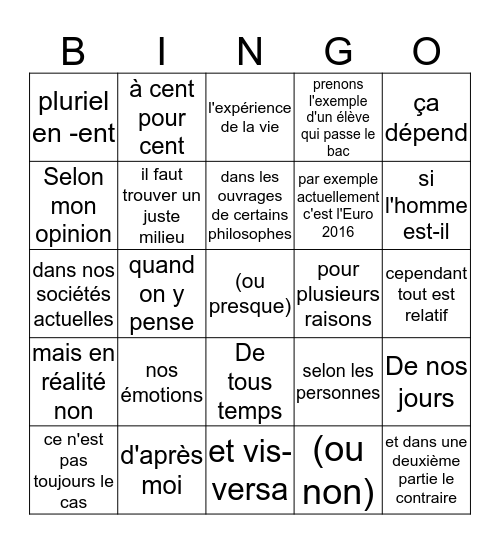 Le Bingo des copies de philo Bingo Card