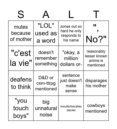 Salt Bingo Card