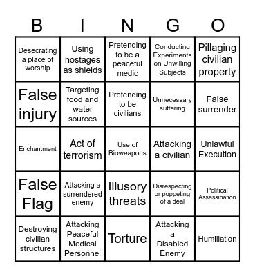 DnD Warcrimes Bingo Card
