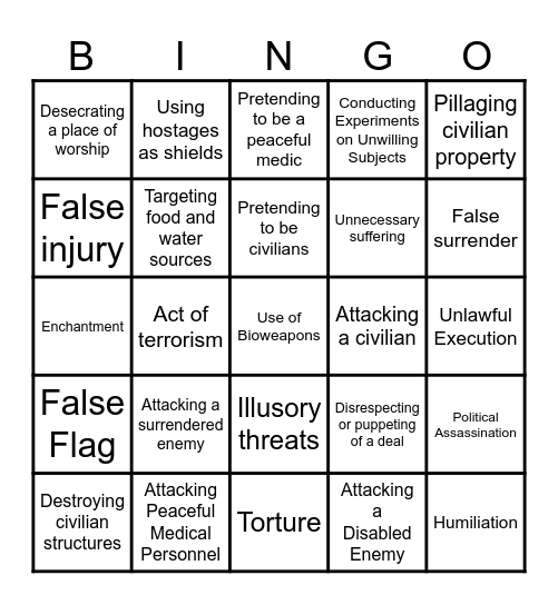 DnD Warcrimes Bingo Card