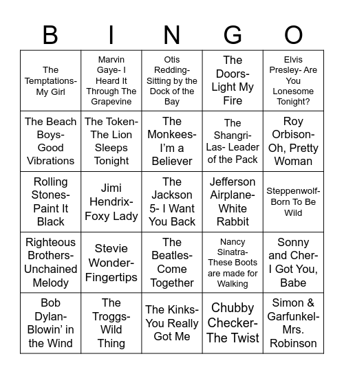 Radio Bingo 1960's Music Bingo Card