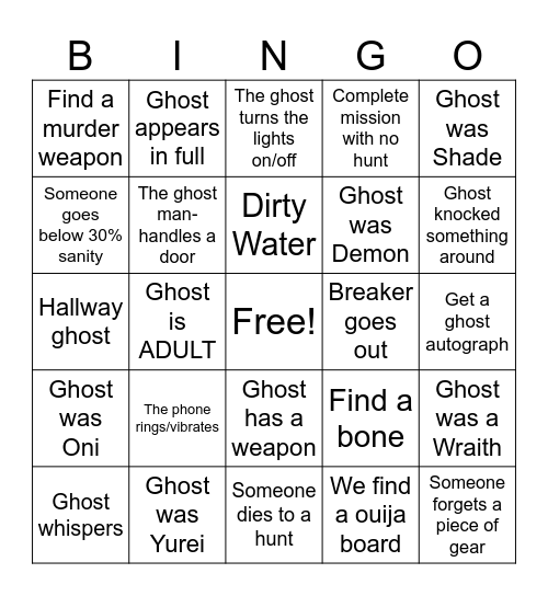 PhasmoPHOBIA Bingo Card