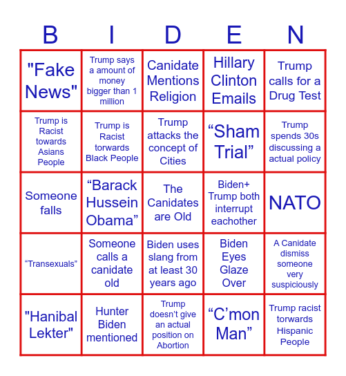 Trump V Biden Debate Bingo Card