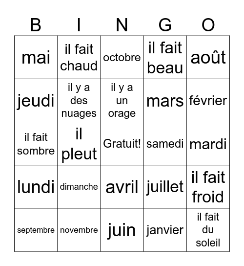 les mois, les jours et le météo Bingo Card