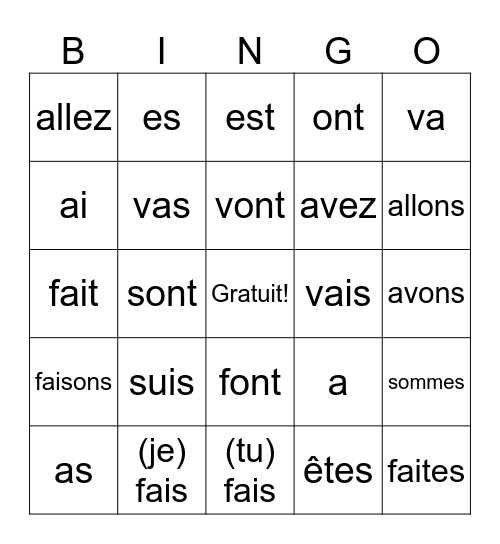 The big 4 (aller, être, avoir, faire) Bingo Card