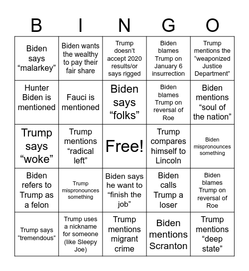 June Debate Card #1 Bingo Card