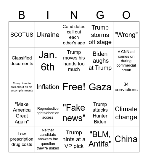 First 2024 Presidential Debate Bingo Card