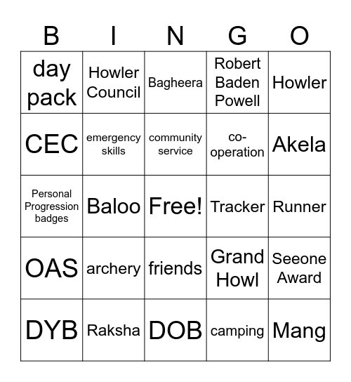 Cub Scouts Bingo Card