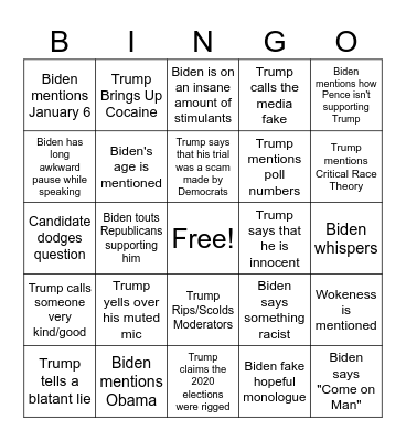2024 Presidential Debate Boozy Bingo Card