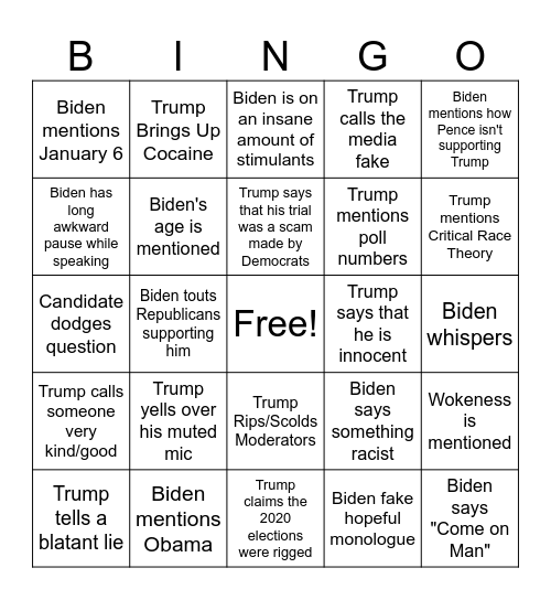 2024 Presidential Debate Boozy Bingo Card