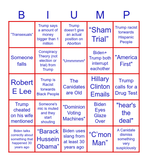 Trump V Biden Debate Bingo Card