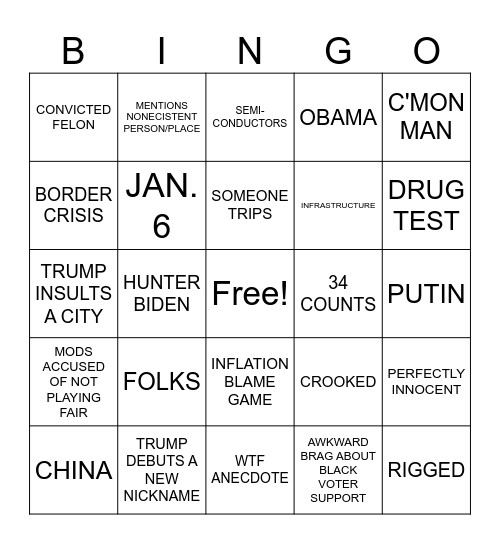 2024 Presidential Debacle Bingo Card