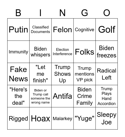 June Presidential Debate Bingo Card