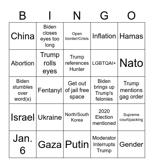 Presidential Debate Bingo Card