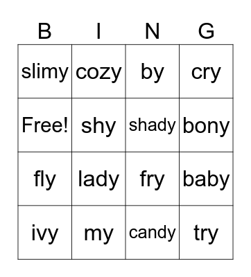 Larkin -y as long e or long i Bingo Card