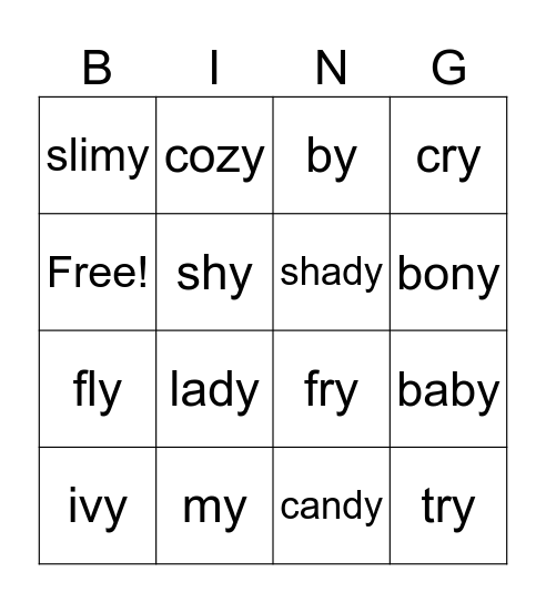 Larkin -y as long e or long i Bingo Card