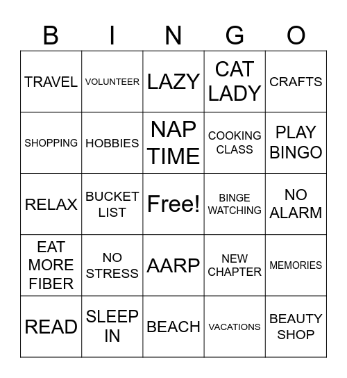 Retirement Bingo Card